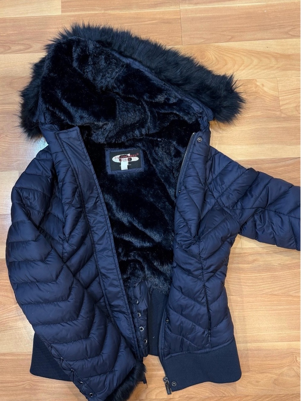 Women's Navy Faux-Fur Lined Puffer Jacket with Hood